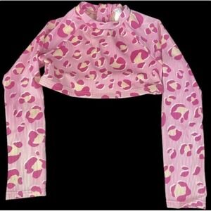Cat & Jack Rash Guard Girls XS 4/5 Pink Leopard Print Long Sleeve Crop Swim Top